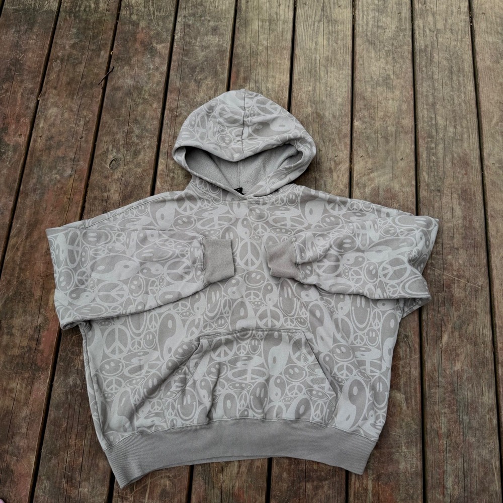 PacSun Mens Graphic Hoodie Grey Yin Yang Peace Smiley Face Sweatshirt Size M